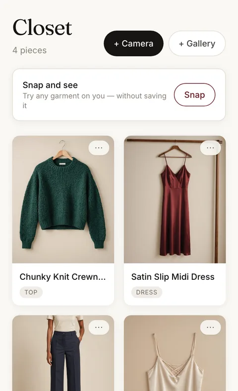 The closet screen: photographed clothes, each recognized and tagged