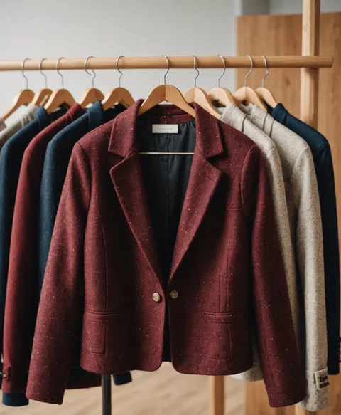 A burgundy jacket photographed on a rack in a store