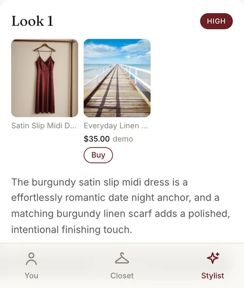 The stylist screen: an outfit suggested from the closet with a one-line rationale