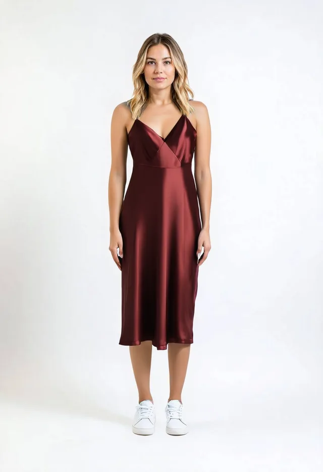 A try-on render: the slip dress from the closet shown on the user's photo